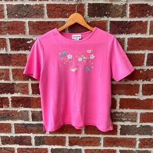 Vintage Breckenridge Petite Pink Embroidered Bird Floral T-Shirt Small Petite